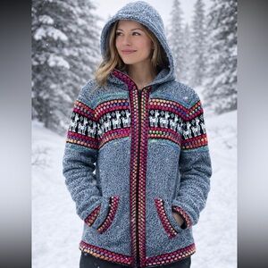 UNIQUE VINTAGE ARTESANIA INCA PERU ZIP UP HOODIE SWEATER MEDIUM